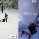 Side by side photo, left side is of a man using a snowblower in 1984 and on the right the same man is using the same snowblower in 2009