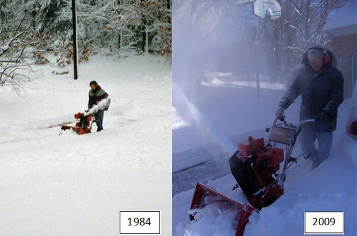 Side by side photo, left side is of a man using a snowblower in 1984 and on the right the same man is using the same snowblower in 2009
