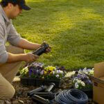 Man unboxing sprinkler system in garden