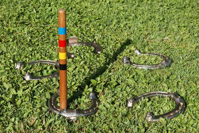 Close up of outdoor horseshoe game