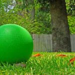 Close up of green kickball in the grass of a fenced in backyard