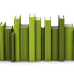 Animated graphic of green books of various heights in a row