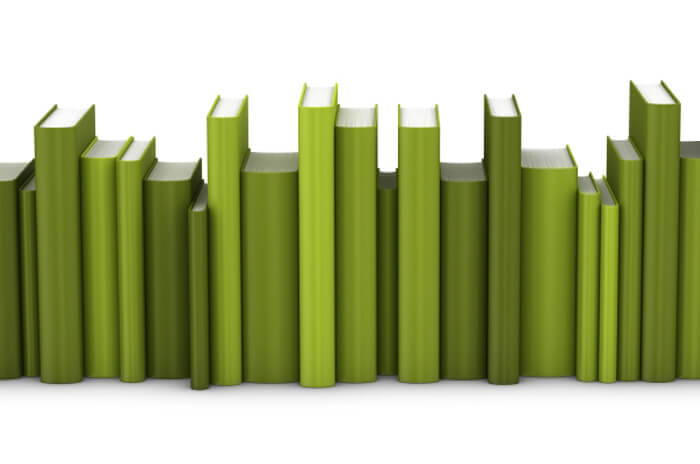 Animated graphic of green books of various heights in a row