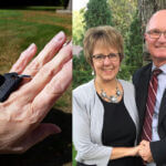 Side by side photo, on the left is a close up of a woman's lefthand with a Toro keyring on her ring finger and on the right the women standing next to a man both dressed in formal clothing posing for a photo