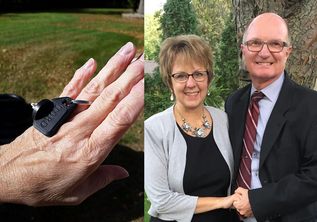 Side by side photo, on the left is a close up of a woman's lefthand with a Toro keyring on her ring finger and on the right the women standing next to a man both dressed in formal clothing posing for a photo