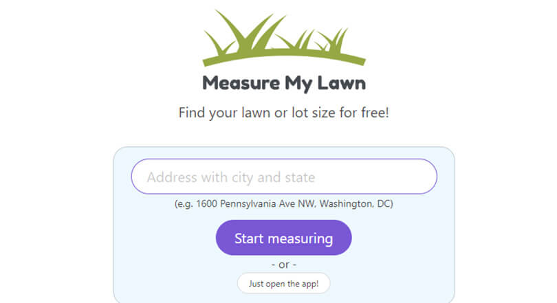 Screenshot of Measure My lawn with a field to enter address, city, and state