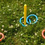 Close up of ring toss game in a yard full of weeds