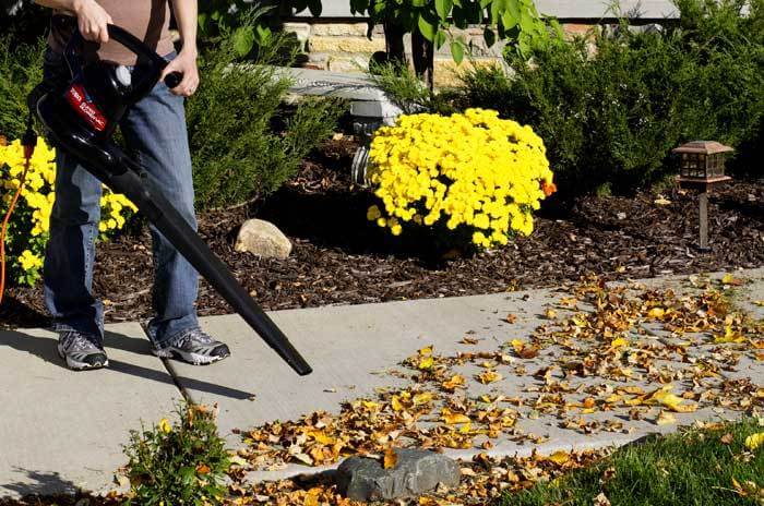 Man using leaf blower to clear sidewalk of leaves