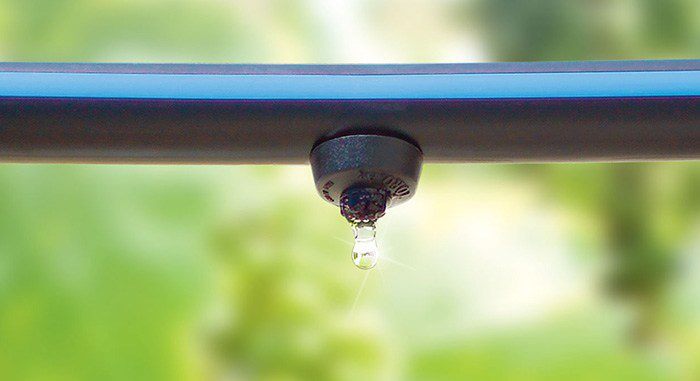 Close up of sprinkler with a single drop of water dripping from the spout