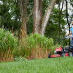 Woman mows grass with walk behind mower . Behind her is a bed of tall, native grasses and plants.