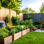 vegetable container gardens line a fenced backyard